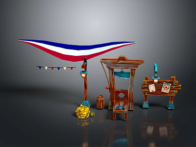 Outdoor Market Scene With Triangular Flag Wooden Stall Street Lamp Barrel Bench And Yellow Flowers 3d model