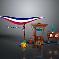 Outdoor Market Scene With Triangular Flag Wooden Stall Street Lamp Barrel Bench And Yellow Flowers