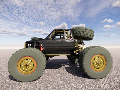 Black Modified Monster Truck With Large Yellow Rim Tires On Gravel Surface 3d model