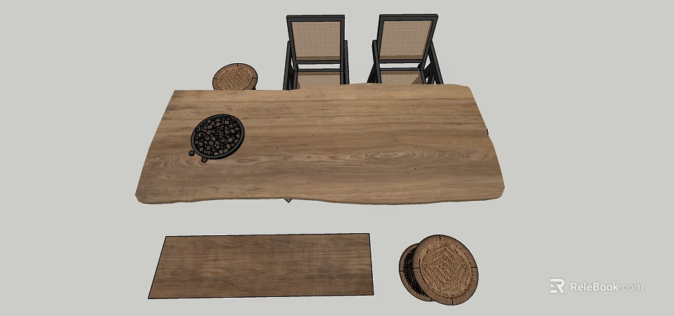 Rustic Wooden Dining Table Set with Black Framed Woven Chairs and Round Rectangular Cushions 3d model