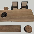 Rustic Wooden Dining Table Set with Black Framed Woven Chairs and Round Rectangular Cushions 3d model