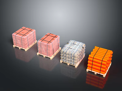 Industrial Equipment Packaged on Pallets with Various Colored Secure Wrapping for Transportation 3d model