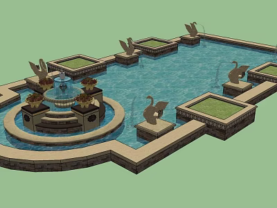 Decorative Garden Fountain With Swan Statues And Green Pool Design Elements 3d model
