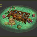 Fresh Pumpkins Displayed On Wooden Stand With Fence Barrels And Green Decorative Trees
