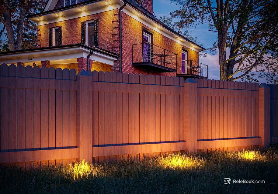 Wooden Fence Evening Lighting Lawn Lights for Garden Landscape with Brick House and Trees 3d model 