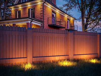 Wooden Fence Evening Lighting Lawn Lights for Garden Landscape with Brick House and Trees 3d model