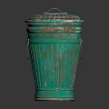 Green Rustic Trash Can With Grid Lid And Metal Handles 3d model