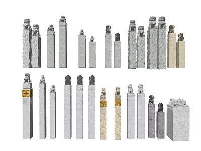 Multiple Stone Columns with Different Heights Various Styles Top Decorations and Gray Beige Tones 3d model