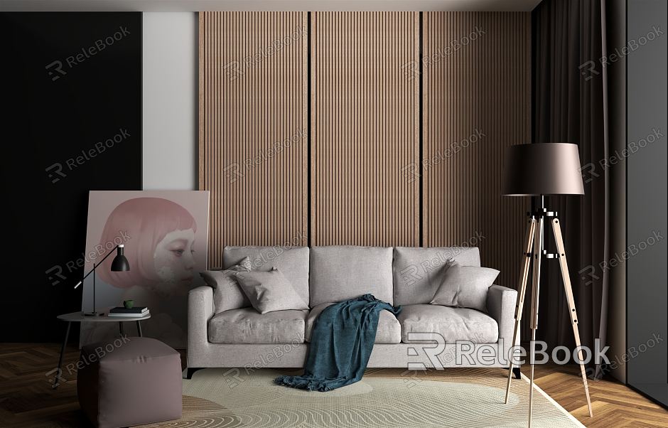 Modern three-seat sofa sofa background wall sofa floor lamp model