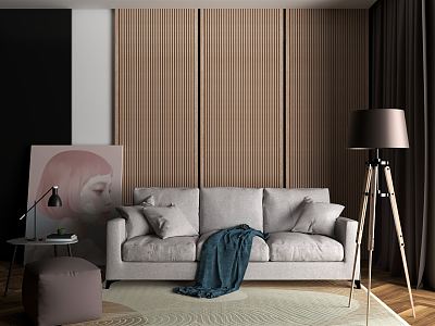 Modern three-seat sofa background wall sofa floor lamp model