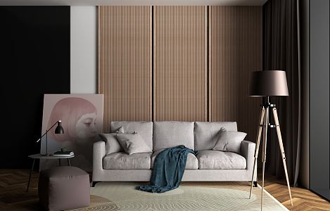 Modern three-seat sofa background wall sofa floor lamp 3d model