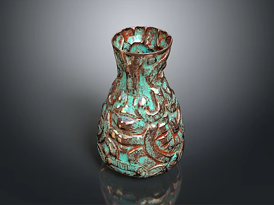 Intricately Carved Turquoise Copper Vase With Ornate Patterns And Textured Surface 3d model