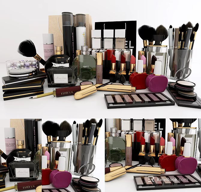 Luxurious Perfume And Cosmetics Collection With Lipsticks Makeup Brushes Eyeshadow Palettes Blush And Powder Compacts 3d model 