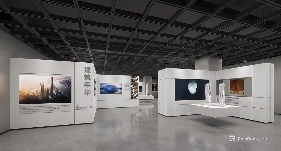 Modern Exhibition Hall Interior With White Display Stands Architectural Exhibits And Image Displays 3d model 
