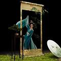 Art Installation With Scroll Painting Woman In Blue Traditional Dress Bamboo And Green Umbrella