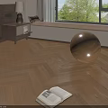 Herringbone Pattern Wooden Flooring in Cozy Room with Window Seat Side Table and Wooden Sphere