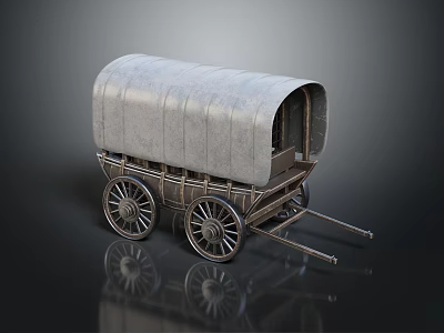 Vintage Covered Wagon With Metal Canopy And Four Wooden Spoked Wheels 3d model