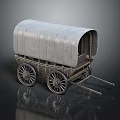 Vintage Covered Wagon With Metal Canopy And Four Wooden Spoked Wheels
