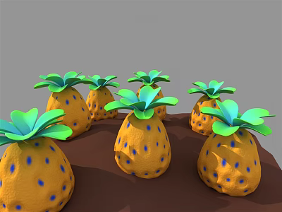 Cartoon Scene With Yellow Pineapples Blue Spots Green Leaves On Brown Ground 3d model