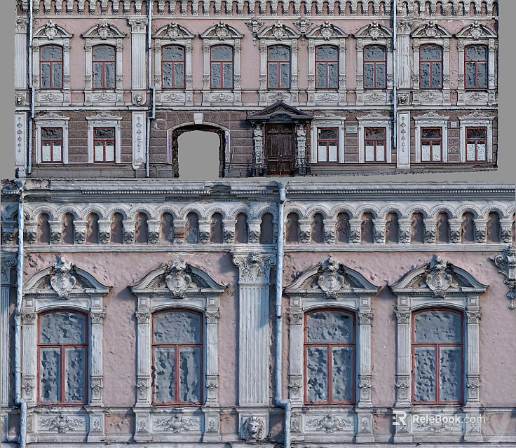 Classical Building Facade With Ornate Windows Decorative Columns And Pink Exterior 3d model 