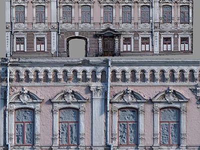 Classical Building Facade With Ornate Windows Decorative Columns And Pink Exterior 3d model