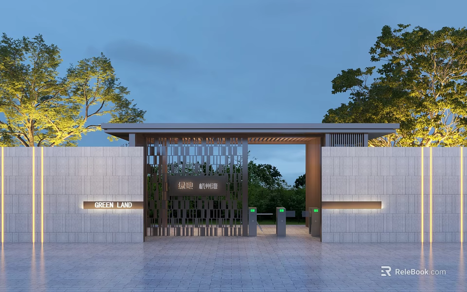 Illuminated Modern Entrance Gate With Lattice Design Stone Walls And Trees Around Paved Area 3d model 