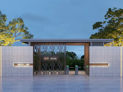 Illuminated Modern Entrance Gate With Lattice Design Stone Walls And Trees Around Paved Area 3d model