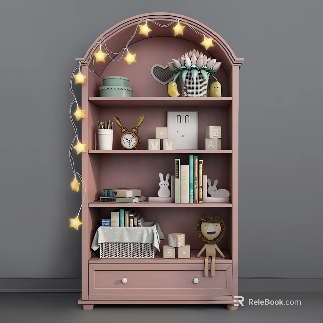 Pink Bookshelf with Star String Lights Decorations Books and Toys on Drawer Shelves 3d model 
