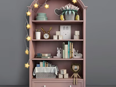 Pink Bookshelf with Star String Lights Decorations Books and Toys on Drawer Shelves 3d model