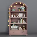 Pink Bookshelf with Star String Lights Decorations Books and Toys on Drawer Shelves