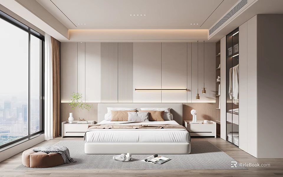 Modern Bedroom Interior Design With Large Bed Wooden Nightstands Wardrobe And Light Gray Rug 3d model 