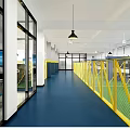 Factory Workshop Interior With Yellow Fences Machine Tools Green Floor And Hanging Lamps