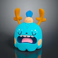 Cute Blue Cartoon Character Creature With Orange Horns Blue Top Yawning Expression Blush Cheeks