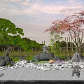 Courtyard Garden Design Featuring Green Pine Red Maple Trees White Pebbles Stone Lantern and Rock Arrangements