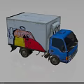 Blue Truck With White Cargo Container Featuring Colorful Cartoon Graffiti Design