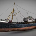 Weathered Ship With Blue And Brown Hull Mast And Deck Equipment