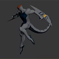 Orange Headed Cyborg Character And Mechanical Creature With Blue Body And Knife Arms