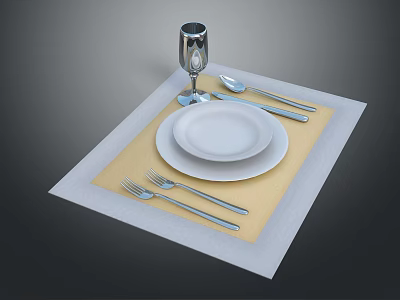 Stylish Table Setting With White Plates Forks Knife Spoon and Wine Glass on Placemat 3d model