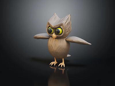 3D Owl Figure With Brown Feathered Body Big Yellow Eyes Spread Wings On Black Surface 3d model