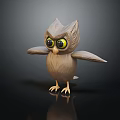 3D Owl Figure With Brown Feathered Body Big Yellow Eyes Spread Wings On Black Surface