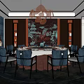 Private Dining Room With Chinese Style Round Table And Pendant Light Decor 3d model