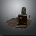 Industrial Square Platform With Orange Equipment Cabinet Silver Cylindrical Tank And Metal Railings