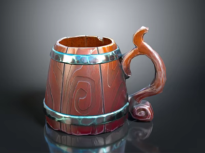 Decorative Wooden Barrel Shaped Mug With Wood Grain Texture Metal Bands And Curved Handle 3d model