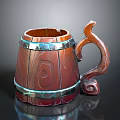 Decorative Wooden Barrel Shaped Mug With Wood Grain Texture Metal Bands And Curved Handle