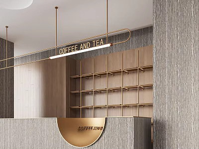 Modern Café Interior With Coffee And Tea Sign Wooden Shelves And Golden Counter 3d model