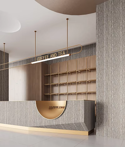 Modern Café Interior With Coffee And Tea Sign Wooden Shelves And Golden Counter 3d model