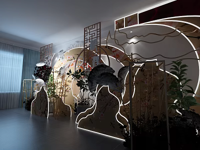 Chinese Style Interior Decor With Carved Screens Moon Shaped Lotus Patterns And Green Plants 3d model