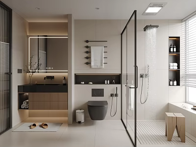 Modern Bathroom Interior With Glass Shower Wall Hung Toilet Wooden Vanity And Backlit Mirror 3d model