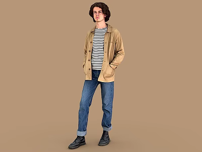 Man In Striped Shirt Brown Jacket Blue Jeans And Black Shoes Standing On Brown Background 3d model