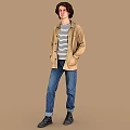 Man In Striped Shirt Brown Jacket Blue Jeans And Black Shoes Standing On Brown Background